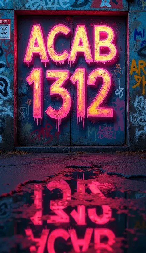 ultra-realistic, photorealistic, high color, extremely high color saturation, all colors deepened, paint, graffiti art, center composition, extremely detailed light and shadow, graffiti wall, wall painted bright with text "ACAB 1312".The text is reflected ...