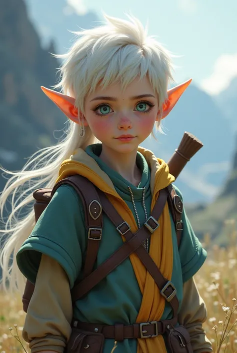 a teenager dressed as a traveler, with snow-white hair, ocean-blue eyes and sharp, elf-like ears.