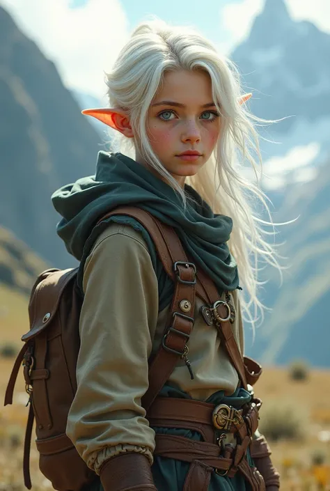 a teenager dressed as a traveler, with snow-white hair, ocean-blue eyes and sharp, elf-like ears.