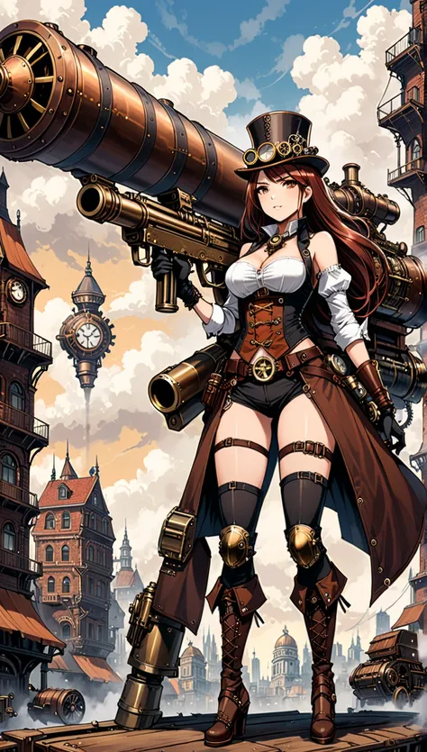 steampunk girl with a gigantic gun. Background: City steampunk