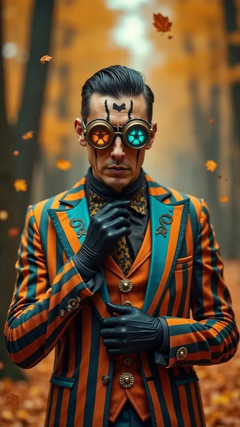 A mysterious, stylish man with a theatrical, artistic look, standing in an autumn forest with golden leaves falling around him. He wears an eccentric orange and teal pinstripe suit with intricate details, a leopard-patterned tie, and unique sunburst brooch...