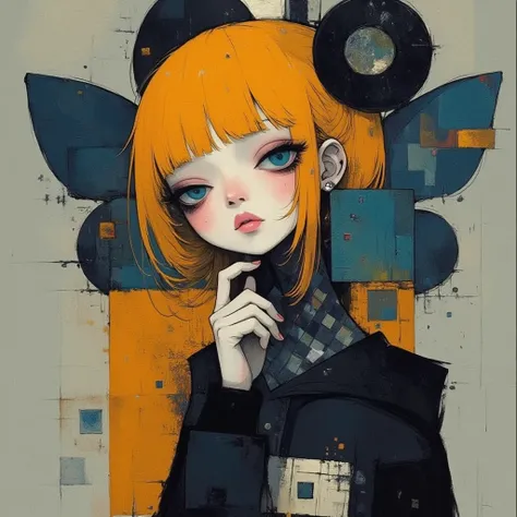 1girl , bags under eyes, yellow hair, hoodie, look side , complex background, funny pattern motif around her,blending ,dry brushing ,feathering, bleeding、feathering, smudging, oil painting,
