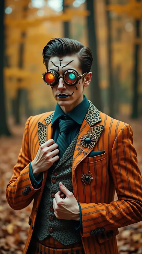 A mysterious, stylish man with a theatrical, artistic look, standing in an autumn forest with golden leaves falling around him. He wears an eccentric orange and teal pinstripe suit with intricate details, a leopard-patterned tie, and unique sunburst brooch...