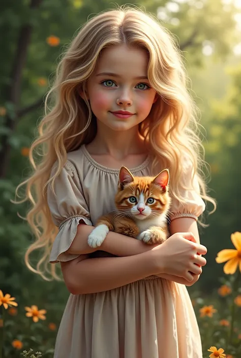  realistic, portraits,  beautiful girl , holding a cat,  paintings, soft strokes,  bright colors , garden background ,  eyes of a detailed girl ,  lips with a detailed girl , peaceful expression,  flowing dress , Figure, Gentle Smile, естественный  sunligh...