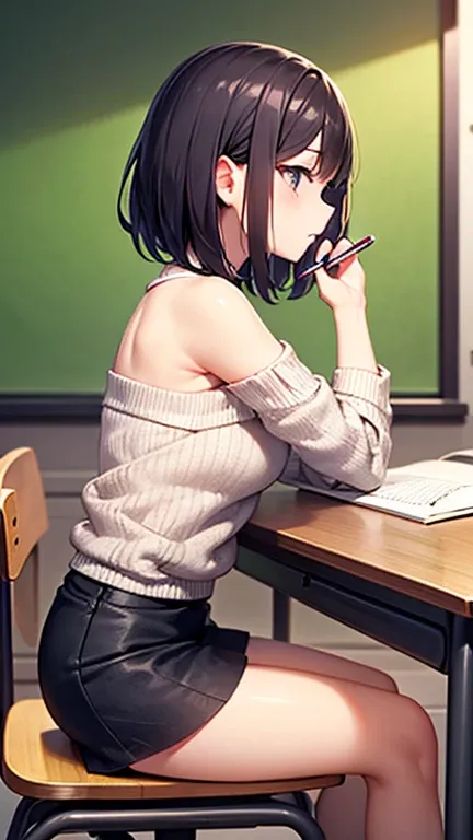 Beautiful girl studying、、At the desk、Hold a pen and write on a notebook、knitted sweater with open shoulders 、extremely short black mini tight skirt、 Sitting、 side view