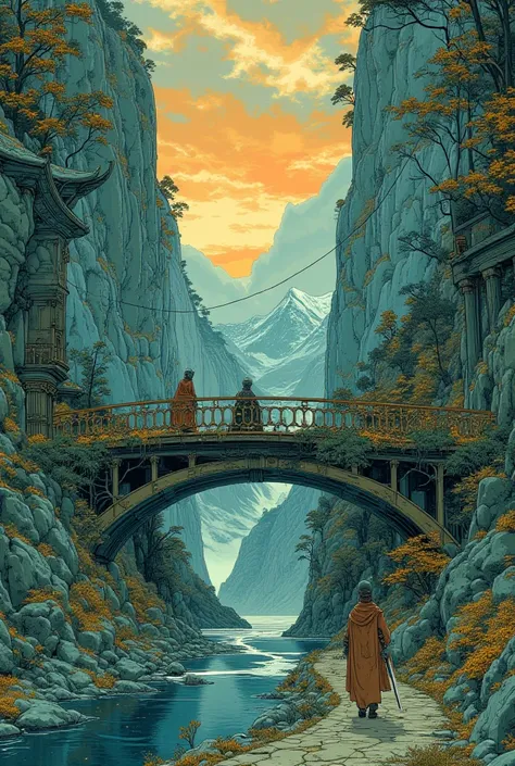  (  fantasy )( cool food  ,  The Great Wizard,   travel through a huge, deep cliff valley)(  fantasy、Beautiful River、 scene where a knight and a female swordsman wearing an ancient riverside road  、Wooden bridge、forest、slate、Stone statue、moss、Ivy)(sunset)(...