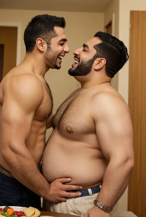 Two handsome overweight Persian men, grabbing fat belly, tickling, laughing
