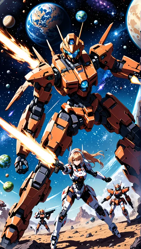 
 female mecha robot fighting (1 girl) with guns, combat pose. Background:space, planets