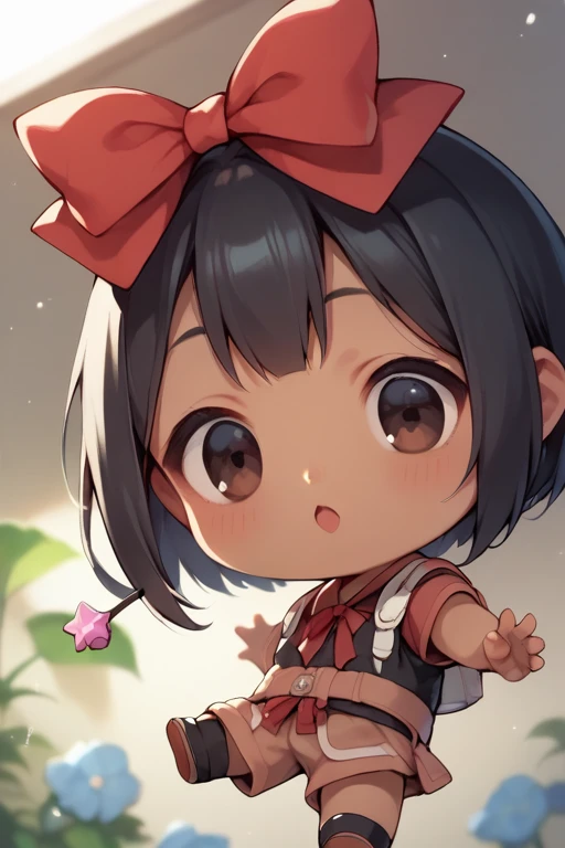   score_9,   score_8_ up the side,   score_7_ up the side,   score_6,   score_5_ up the side,   score_4_ up the sideanime break，  very young girl ， cute,  chibi，Tiny,   holding a magic wand  ,   bob cut,   with a red ribbon on her head ,  Dark Eyes，