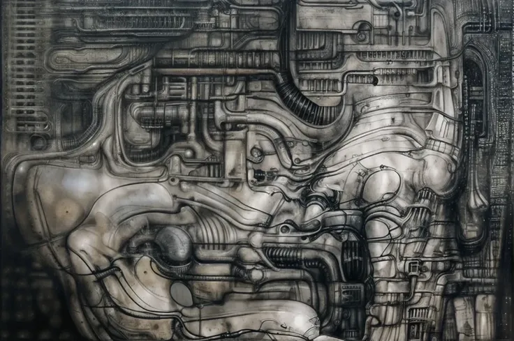 DARK BLACK COLORS. Giger_style, H. R. Giger's g1g3r, , Giger_style. Please reproduce the original image as accurately as possible, capturing the intricate details of the biomechanical structures, the dramatic lighting, and the overall sense of unease. Find...