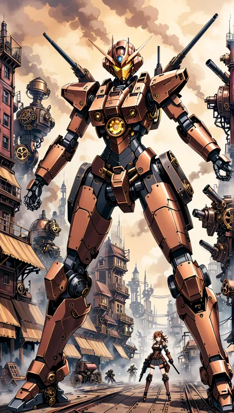 
 female mecha robot in steampunk style (1 girl) with guns, combat pose. Background: steampunk city