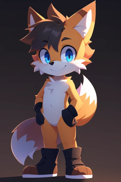 Tails, solo, looking at viewer, smile, simple background, 1boy, standing, full body, male focus, black background, outline, furry male, fox boy