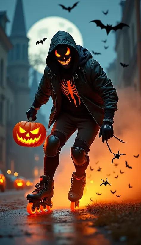 Venom with pumpkin in hand full of candies,  using inline skates with glowing luminous wheels, gloves and knee pads , Full Moon Church, pumpkins, realistic bats, spiders,  moving at speed in the city at night,  Orange smoke