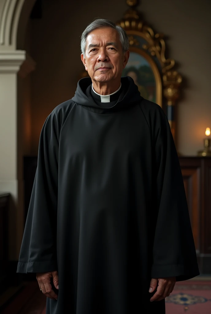 Create a photo-style image of a priest wearing a black tunic 