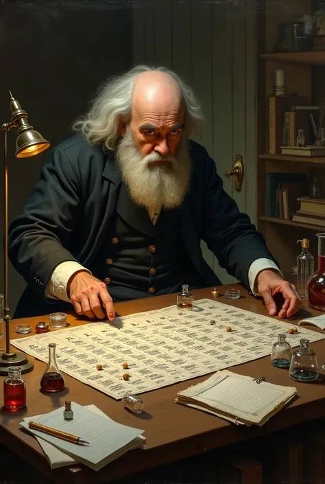 Mendeleev creating a table to organize the chemical elements 