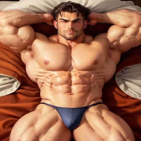 a close up of a man in a mug lying on a bed,  muscular body ,  muscular bodies ,  bodybuilder's body, Bulging muscles,  muscular man ,  large muscles , muscular men,  muscular man  hero, sexy  muscular body , Exaggerated muscular physique,  intertwined mus...