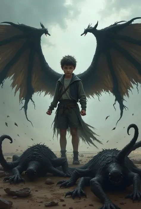 Draw a boy standing victorious in front of the bodies of a ghilan with black wings while he is angry