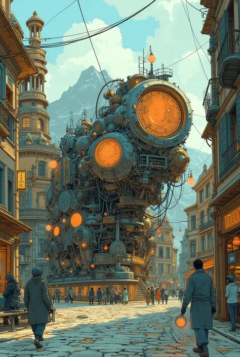    beautiful fantasy mechanical engineering cities bustling medieval European markets 、 luxury steampunk carriages 、 Cobblestones 、People in fantasy costumes 々々、 steampunk machine 、Beautiful Morning、  high image quality 、 4K Closeup 