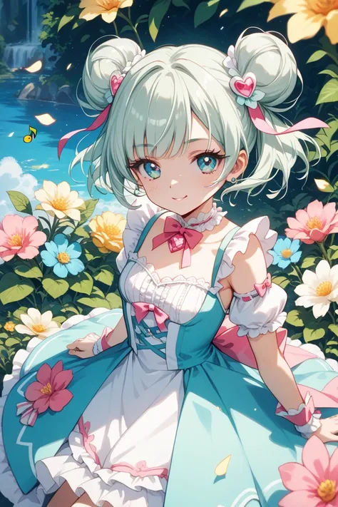 White hair ornaments, musical notes, and clothes designed like flowers, light green Pretty Cure hair has short hair, 2 buns, an adorable appearance, and a face that looks like a mascot transformed into a human, adding color, pink, and a ribbon-shaped jewel...