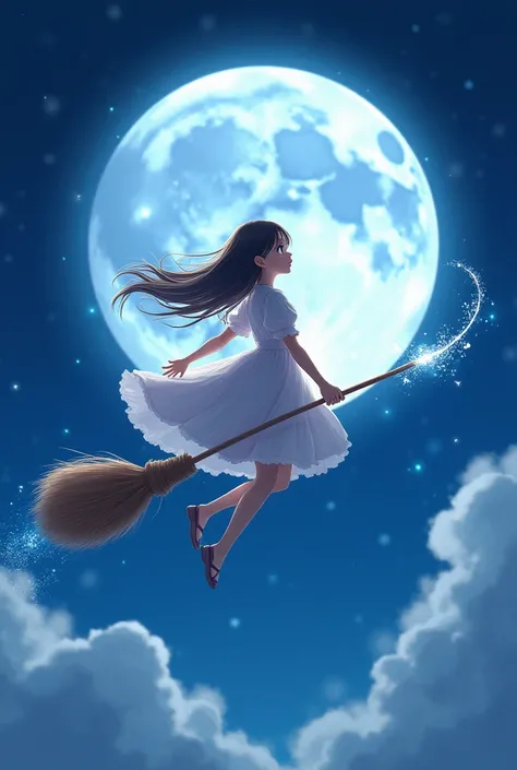 Create a picture where a girl flies on a broom and in the background is a moon anime theme 