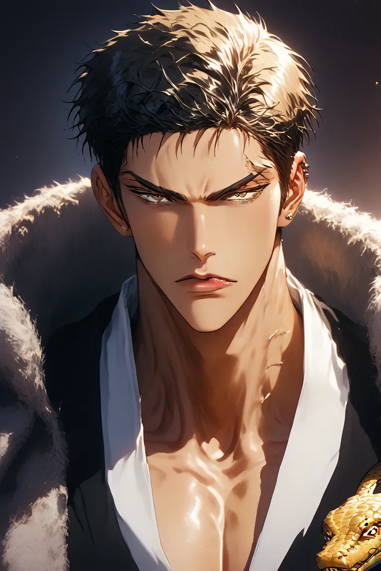 Manga style, jujutsu kaisen style, male, tall, buff, muscular, handsome, chiseled features, square jawline, model looking, broad shoulders, athletic build, gold snake eyes, wavy and curly black short shaggy hair, tan skin, black scales on skin, wearing gol...