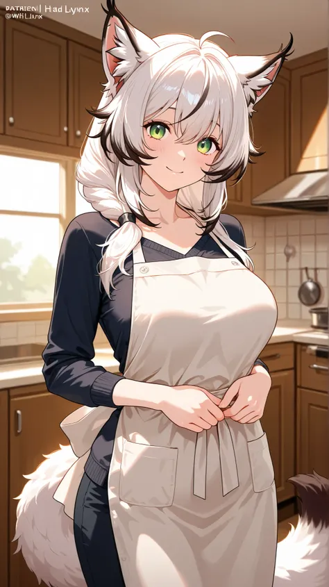 Waifu lynx, HD model, with a plain apron, with home clothes ,with a fluffy tail ,  housewife,  white hair 