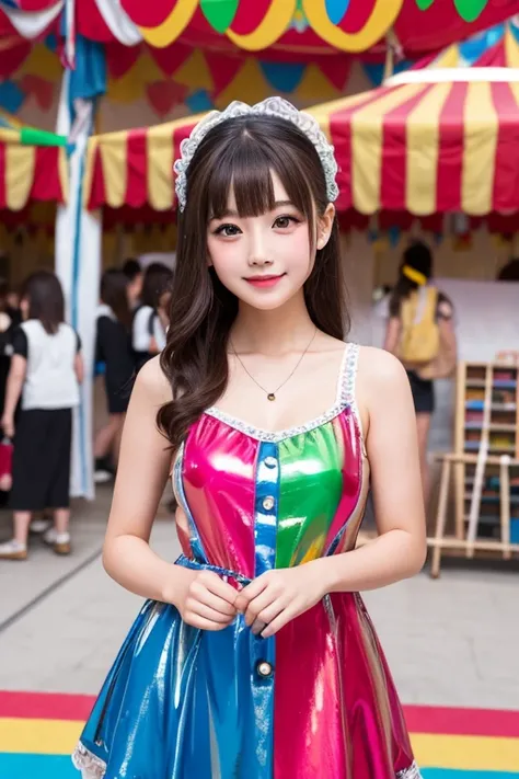 high quality, detailed
Kindergarten girl in shiny rubber dress, inside the circus tent　clown makeup japanese