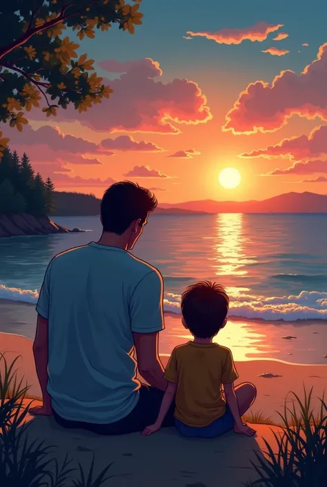 illustration of a man sitting beside a young boy with dark brown hair on a beach looking at a setting sun over the lake on a summer night