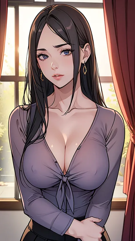 1girl, hair, breasts, cleavage, curtains, earrings, front-tie_top, jewelry, large_breasts, lips, looking_at_viewer, shirt, solo, tied_shirt, upper_body, shirt