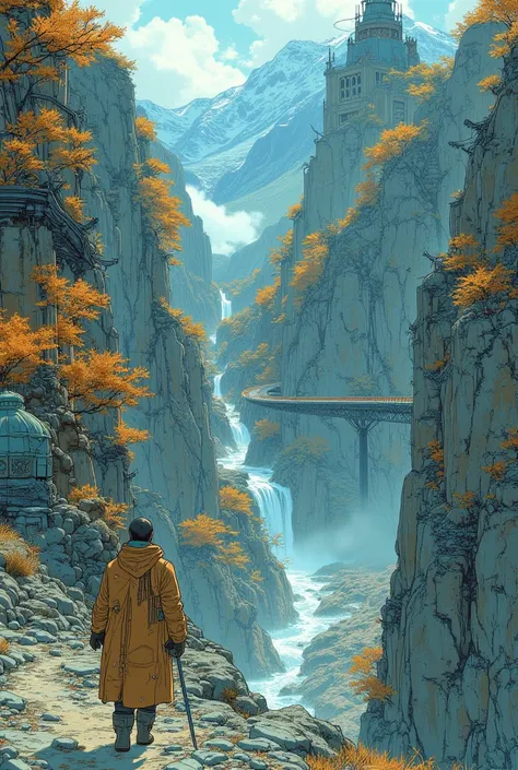   High Fantasy Dunhuang Tunnel、 torch 、Stone statue、Stone Pillar、Tower and Devil's Fortress  、 On a precipice in a deep valley、along an almost collapsed mountain path of wood and stone、a male swordsman and a female sorceress walk desperately。S-shaped road ...