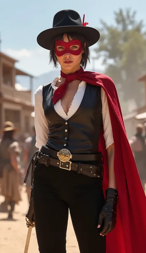 Mask of Kitty Zorro, front view, Full body, standing pose, right hand holding a thin fencing sword, lady battle scene, looking at viewer, 1 White American Actress, 30-age, (Dark brown short hair, serious, black wide-brimmed hats with 1 feather, eye hide...