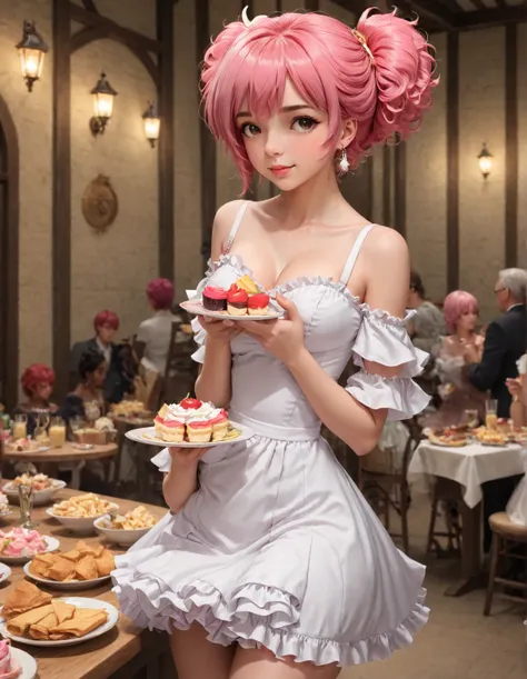 1 girl,Alone ,negro_Love,negro_ high averages ,blush,pastel,pastel_slice, collarbone,dress,Dutch_angle, eening ,feenhers,food,Frilled_dress,Ornaments,The_arriba, holding , holding _food,looking_en_ spectator,nail_Polish, open _boca,red_feenhers,Love,_sleev...