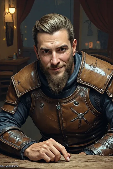 best quality,masterpiece,masterpiece portrait,intricate details,epic light,fantasy,Dungeons & Dragons,Retro,1man,Wooden table,tavern, An elegant smile,Squint,Close-up Portrait of a male Person wearing leather armor, Spiders:0.9, webs:1.0, Fantasy, Volumetr...