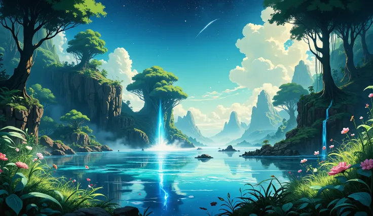  Viral anime nature wallpaper in 4K quality ,   in the illustration style inspired by Studio Ghibli ,  representing a hidden waterfall surrounded by lush vegetation,  delicate flowers blooming around ,  and small forest creatures playing near water ; soft ...