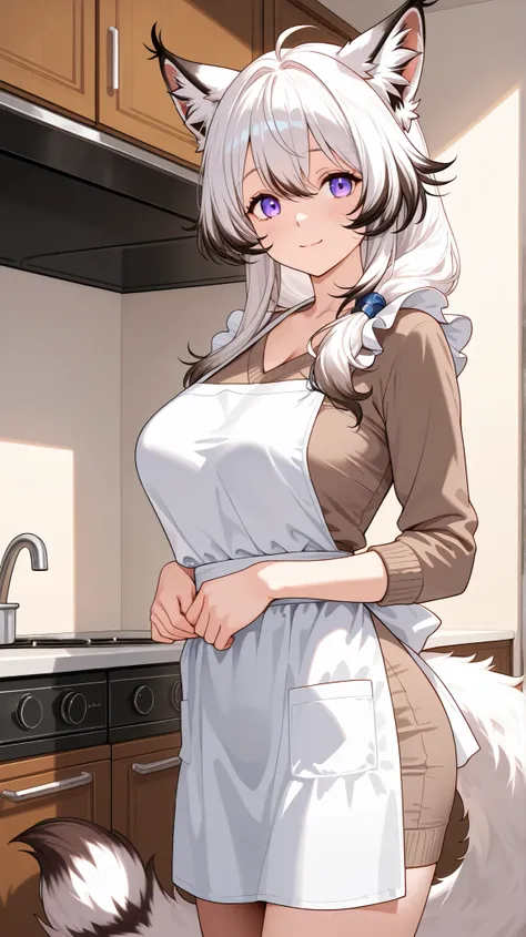 Waifu lynx, HD model, with a plain apron, with home clothes ,with a fluffy tail ,  housewife,  white hair 