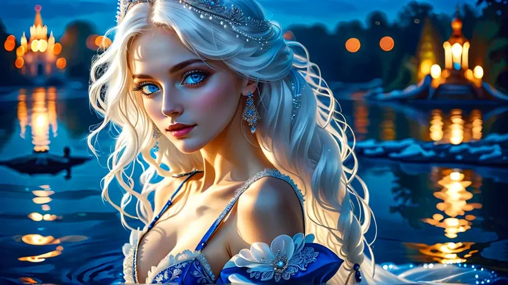 close up beautiful Russian model ager with white hair blue eyes, with princes dress in the night in the middle of a lake at night