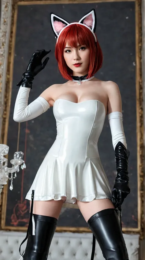   young girl ,  slim ,  red hair top, straight short hair,  small breasts, Breasts free to see,, Cat ears,  masterpiece ,  Anatomically correct , UHD,  super detailed, further away, Wedding dress,  latex black knee boots ,  latex black arm warmers long , h...