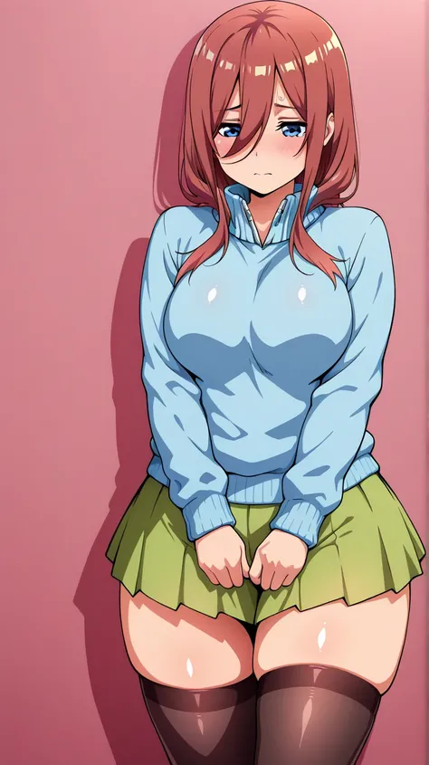 (obra maestra, the best quality, amazing quality),( official style),  Simple background , latest ,1 girl, miku nakano, The Quintessential Quintuplets , shiny skin,   long hair, shiny hair, alone,  ojos azules, ,(blue sweater),  medium breasts, green skirt ...