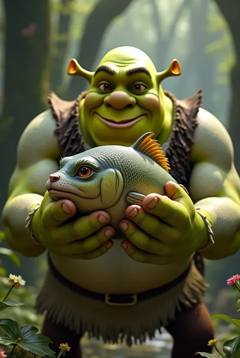 Create an image of a cat-headed fish in Shrek's arms