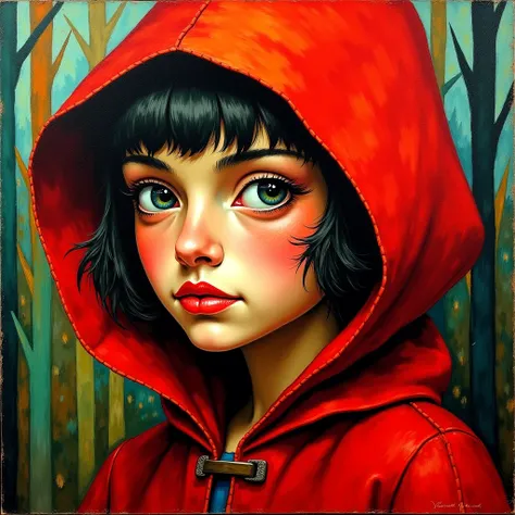 Cubist oil artwork with bright colors of a close up of Little Red Riding Hood