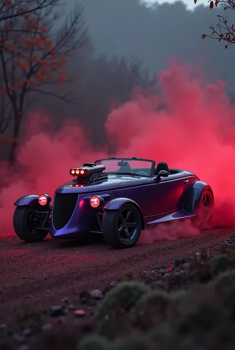 A possessed, dark metallic purple Plymouth Prowler as a classic hot rod with an exposed engine, deep red lights and red underglow, off-road dirt tires with black five spoke rims