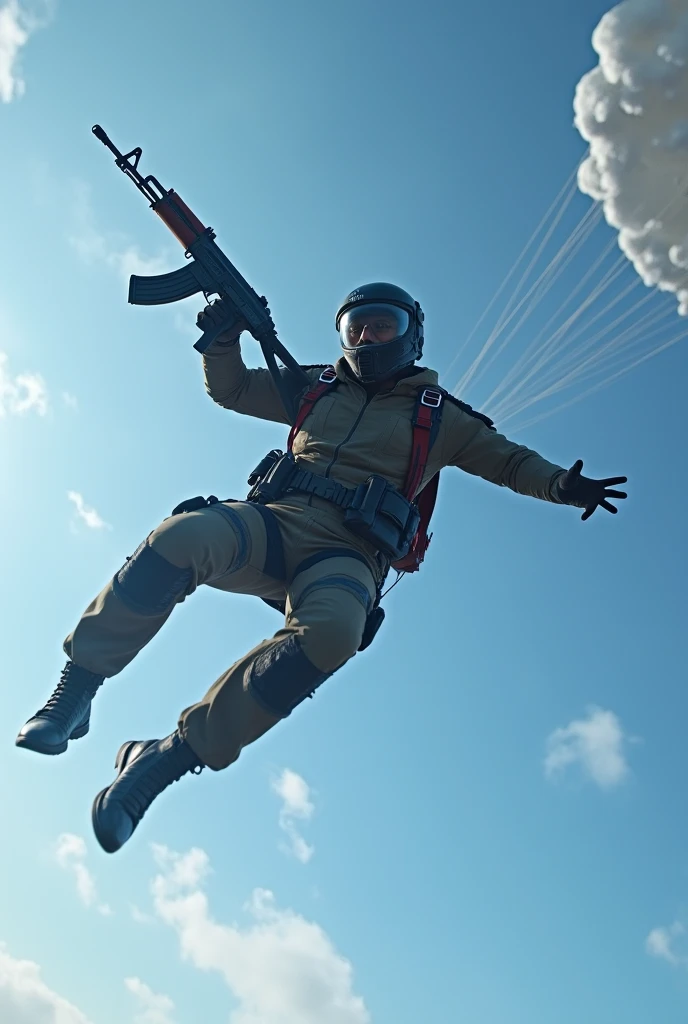 Person jumping in a parachute with an aka in their hand 