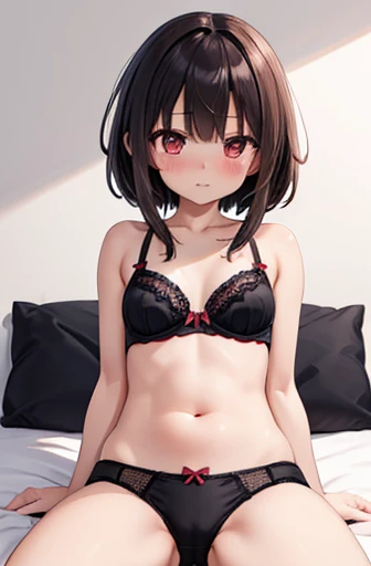  bless this wonderful world、Little Megumin is alone 、 super cute、 sexy、blush、 shy 、Megumin's clothes、Chest、Quite small breasts、Bra、 sitting in bed 、 M lettering、underwear、UHD、 Masterpiece、correct、 anatomically correct、 textured skin、 Super Details 、 Hi-Res...