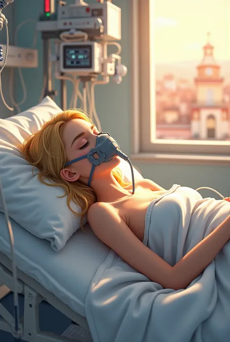 A blonde  girl lying in a Spanish hospital bed , under oxygen and heart control.