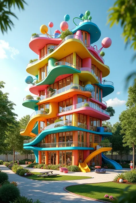 A different building with toys, Slides and a snack bar for employees with bright and cheerful colors