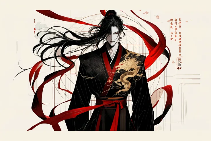 anime character with red ribbon and black suit with dragon on it, flowing hair and long robes, handsome guy in demon slayer art, beautiful male god of death, handsome japanese demon boy,   inspired by Kanō Hōgai, inspired by Wu Daozi, By Yang J, inspired b...