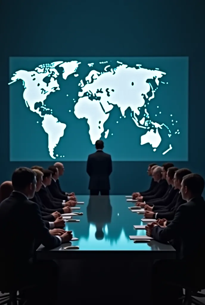 "Dimly lit conference room, high-ranking officials in black suits sit around a glass table. A holographic projection displays the world's population statistics. One leader, face shadowed, speaks in a cold, emotionless tone. Dramatic lighting, serious expre...