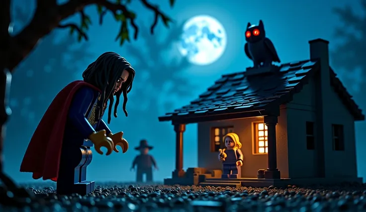 Superman y Batman en arUna escena terrorífica de  night en un pueblo rural de México.  An old cabin is surrounded by thick fog and dark trees . In the foreground,  a sinister silhouette of a hunched witch ,  with long, matted hair , Observe from the shade ...