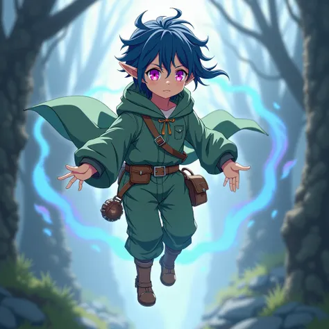 Levitating Elven Boy of 18. Dark Blue Hair. Pink Eyes with gold centers. Green Traveling Clothes. Anime Style