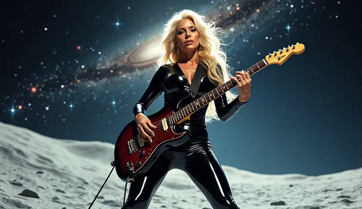 Jerry Hall has big breasts, in a latex suit, neckline plays rock guitar on the moon against the galaxy